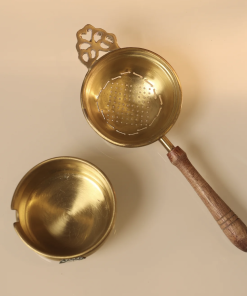 Antique Gold Brass Tea Strainer with Wooden Handle & Base Bowl